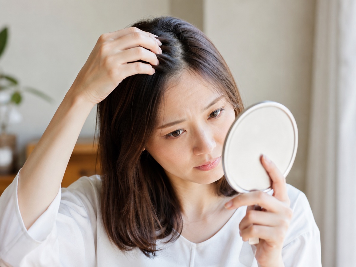 髪の分け目をチェックする女性