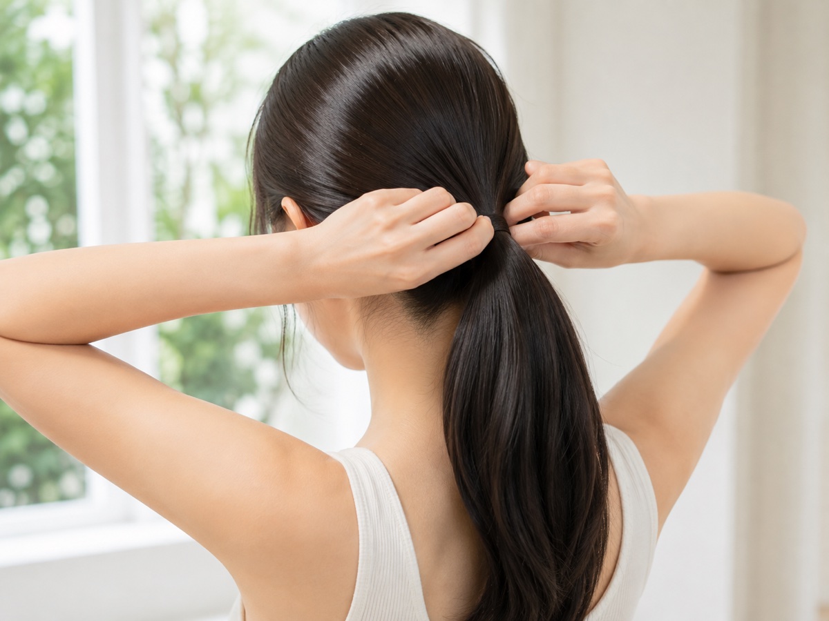 健康的な髪を結ぶ女性